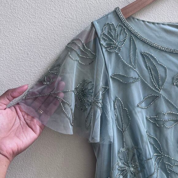 NWT Adrianna Papell Aqua Dust Short Sleeve Blouson Beaded Mixi Gown Women's 0 - Picture 11 of 12
